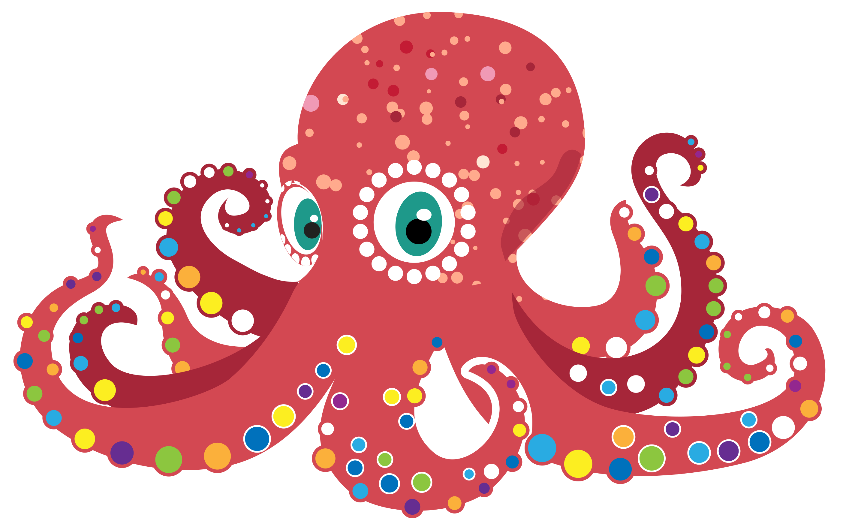 Octopus illustration, red with green big eyes, and all color suckers